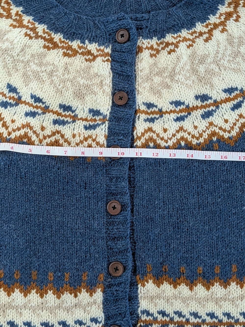 Hand Knit Blue Fair Isle Button-Up Sweater Cardigan - Picture 8 of 10